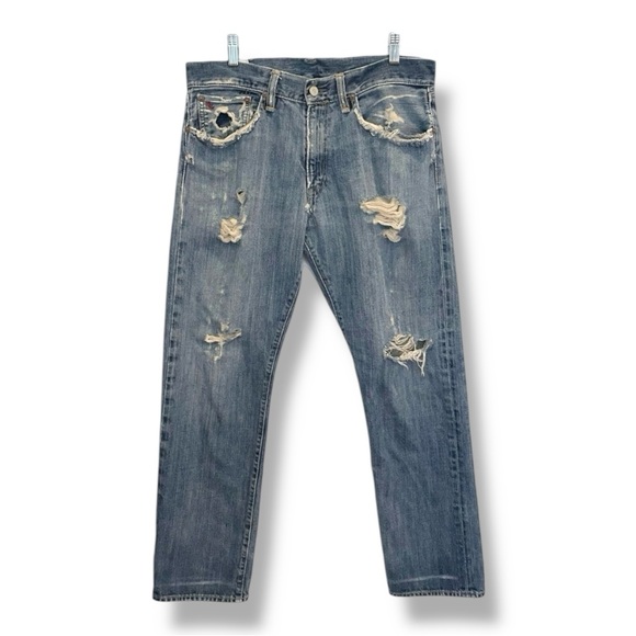 Vintage Polo Ralph Lauren Ripped Distressed Straight Leg Jeans 32x32 Blue Denim